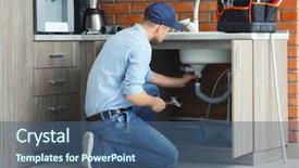  Presentation with plumber - Theme with sewerage - professional plumber fixing kitchen sink background and a ocean colored foreground