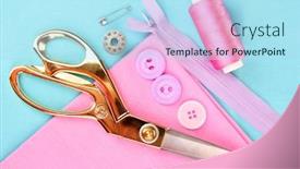  Presentation with sewing - Amazing slide deck having sewing-accessories-and-fabric-close backdrop and a light blue colored foreground