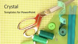  Presentation with sewing - Beautiful slide set featuring sewing accessories and fabric close backdrop and a blonde colored foreground