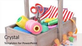  Presentation with sewing tools - Audience pleasing theme consisting of sewing accessories in wooden box backdrop and a coral colored foreground
