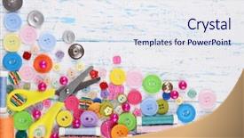  Presentation with sewing - Colorful slides enhanced with sewing accessories on wooden table backdrop and a sky blue colored foreground