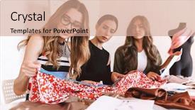  Presentation with women e commerce clothes - Amazing slide set having sewing careers - three attractive young women clothes backdrop and a coral colored foreground