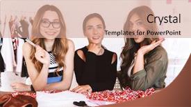  Presentation with working together - Audience pleasing PPT theme consisting of sewing careers - three excited young women clothes backdrop and a coral colored foreground