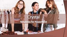  Presentation with women e commerce clothes - Colorful PPT theme enhanced with sewing careers - three lovely young women clothes backdrop and a tawny brown colored foreground
