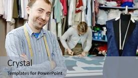  Presentation with tape recorder workshop - Colorful slides enhanced with sewing careers - young male tailor portrait backdrop and a light gray colored foreground