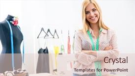  Presentation with workshop - Slide deck featuring sewing cutting - happy female tailor with arms background and a lemonade colored foreground