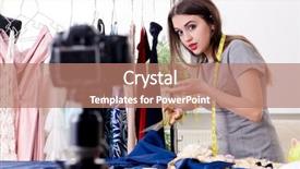  Presentation with blog - Beautiful slide set featuring sewing cutting - young beautiful female tailor recording backdrop and a coral colored foreground