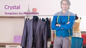  Presentation with young students working in groups - Audience pleasing presentation theme consisting of sewing cutting - young male tailor working backdrop and a sky blue colored foreground