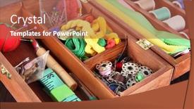  Presentation with sewing - Colorful presentation theme enhanced with sewing kit in wooden box on wooden table backdrop and a red colored foreground