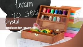 Presentation with boom box - Slide deck featuring sewing kit in wooden box background and a tawny brown colored foreground