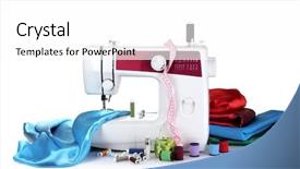  Presentation with sewing machine safety - Presentation featuring sewing machine and fabric isolated background and a white colored foreground