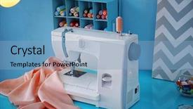  Presentation with tailor made - Colorful slides enhanced with sewing machine with fabric backdrop and a light blue colored foreground