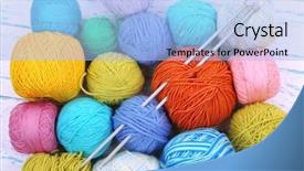  Presentation with yarns - Presentation design enhanced with sewing needle - yarns for knitting on wooden background and a light blue colored foreground