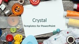  Presentation with sewing - Presentation theme enhanced with sewing supplies on wood background background and a sky blue colored foreground