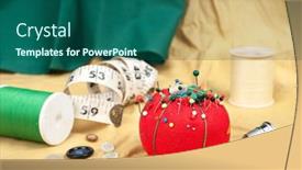  Presentation with tape measure - Amazing slide deck having sewing-table-with-buttons-pin backdrop and a ocean colored foreground