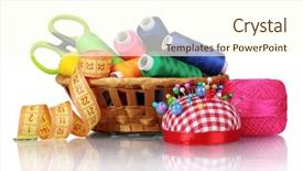  Presentation with sewing tools - Slide deck featuring sewing tools - bright threads in basket scissors background and a cream colored foreground