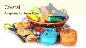  Presentation with few thread bobbin isolated - Amazing slides having sewing tools - bright threads in basket scissors backdrop and a cream colored foreground