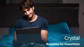  Presentation with young man holdng laptop on lap money - Colorful PPT layouts enhanced with man working on laptop backdrop and a  colored foreground