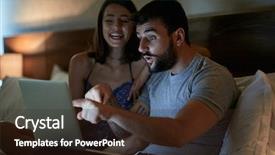  Presentation with laptop - Theme enhanced with sex work - young laughing man and woman background and a wine colored foreground