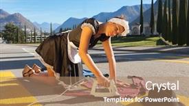  Presentation with homeless - PPT theme featuring sexism - portrait of a homeless housewife background and a coral colored foreground