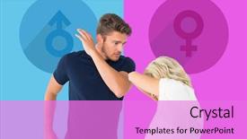 Presentation with blue pink - Colorful theme enhanced with sexual abuse - angry man about to hit backdrop and a lilac colored foreground