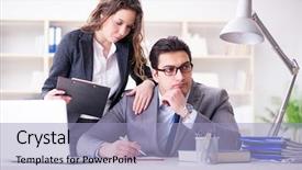  Presentation with sexual harassment - Colorful presentation design enhanced with sexual harassment concept with man backdrop and a light blue colored foreground