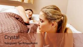  Presentation with stressed - Audience pleasing theme consisting of sexual pain - unhappy woman lying in bed backdrop and a red colored foreground