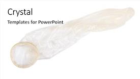  Presentation with condom - Colorful slide set enhanced with sexually transmitted disease - used condom isolated on white backdrop and a white colored foreground