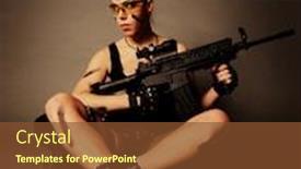  Presentation with weapon - Theme with sexy army woman posing with weapon on gray background background and a tawny brown colored foreground