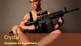 Presentation with weapon - Cool new theme with sexy army woman posing with weapon on gray background backdrop and a tawny brown colored foreground