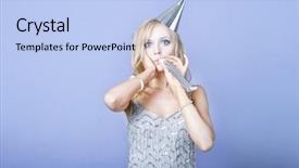  Presentation with whistle - PPT layouts consisting of sexy blonde party girl wearing silver dress and blowing party whistle background and a light blue colored foreground