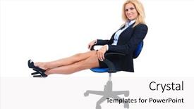  Presentation with young business woman smile show - Cool new slides with sexy feet - isolated young business woman sitting backdrop and a  colored foreground