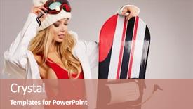  Presentation with snowboard - Theme consisting of sexy female in ski costume posing with snowboard in a studio on grey background background and a coral colored foreground