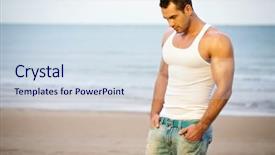  Presentation with team athlete - Cool new presentation theme with sexy men - young adult athlete on beach backdrop and a sky blue colored foreground