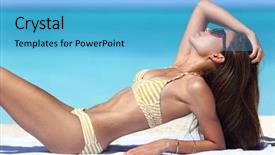  Presentation with sun tanning - PPT theme featuring sexy suntan beach woman sunbathing background and a light blue colored foreground