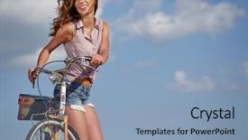  Presentation with road bike - Presentation design consisting of sexy woman with vinntage bike in a country road background and a light blue colored foreground