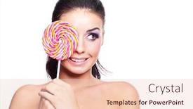  Presentation with lollipop - Theme featuring sexy young brunette woman with a lollipop looking to the right background and a lemonade colored foreground