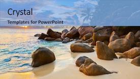  Presentation with tropical beach sunset - Colorful presentation theme enhanced with seychelles - tropical beach at sunset backdrop and a light blue colored foreground