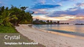 Presentation with tropical beach sunset - Amazing PPT theme having seychelles-tropical-beach-at-sunset backdrop and a coral colored foreground