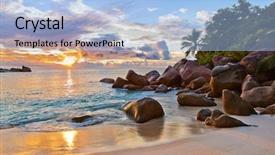  Presentation with tropical beach sunset - Presentation having seychelles tropical beach at sunset - nature background background and a light blue colored foreground