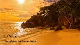  Presentation with tropical beach sunset - PPT theme featuring seychelles-tropical-beach-at-sunset background and a gold colored foreground