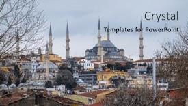  Presentation with sunny sky - Presentation theme with shabby-houses-located-near-blue background and a light blue colored foreground