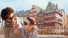  Presentation with travel concept silhouette - PPT theme featuring shades having fun over frankfurt background and a coral colored foreground