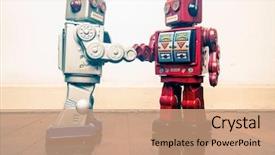  Presentation with robot - Beautiful PPT layouts featuring bot - two vintage robot shake hands backdrop and a coral colored foreground