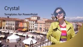  Presentation with city in the distance - Beautiful PPT theme featuring shakespeare - tourist woman in italian city backdrop and a light blue colored foreground