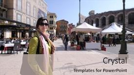  Presentation with city for - Amazing presentation theme having shakespeare - tourist woman in italian city backdrop and a soft green colored foreground