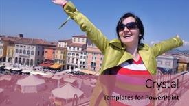  Presentation with italian - Cool new slide deck with shakespeare - tourist woman in italian city backdrop and a coral colored foreground