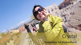  Presentation with italian - Beautiful theme featuring shakespeare - tourist woman in italian city backdrop and a gold colored foreground