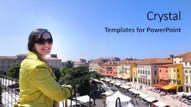  Presentation with italian language - Slide deck featuring shakespeare - tourist woman in italian city background and a light blue colored foreground
