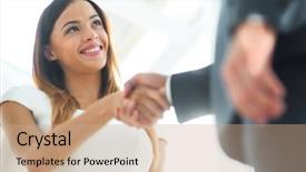  Presentation with business partner - Slides having shaking hand to her partner background and a  colored foreground